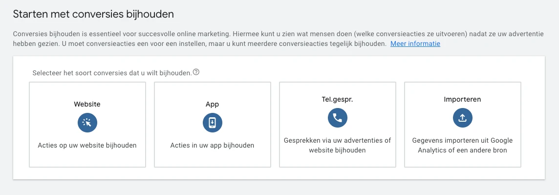 Conversies meten in Google Ads: kies tussen website, app, telefoongesprekken of importeren