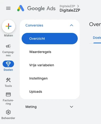 Conversies meten in Google Ads: het menu Doelen en Conversies