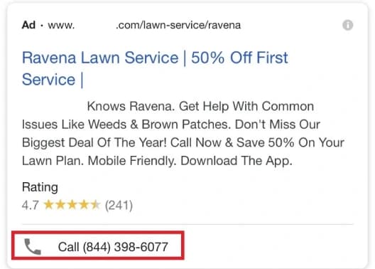 Bel extensie voorbeeld in een Google advertentie