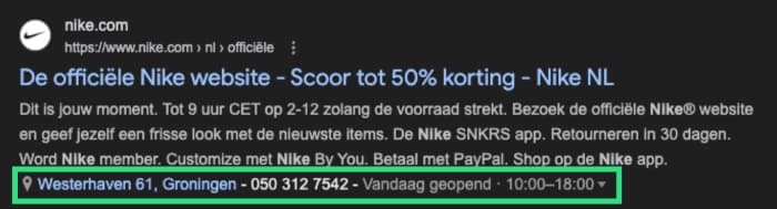 Locatie extensie voorbeeld in een Google advertentie