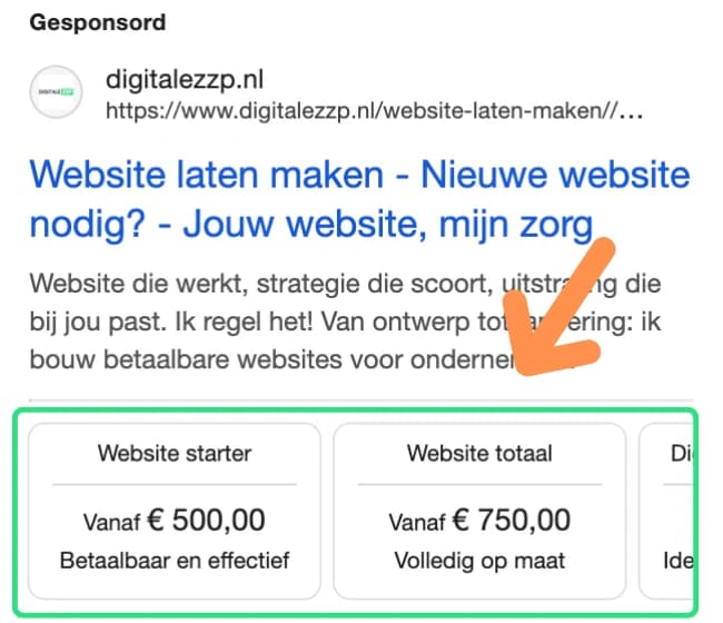 Price extensie voorbeeld in een Google advertentie op mobiel