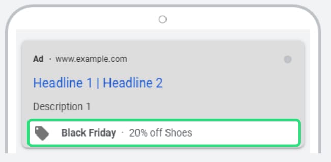 Promotion extensie voorbeeld in een Google advertentie