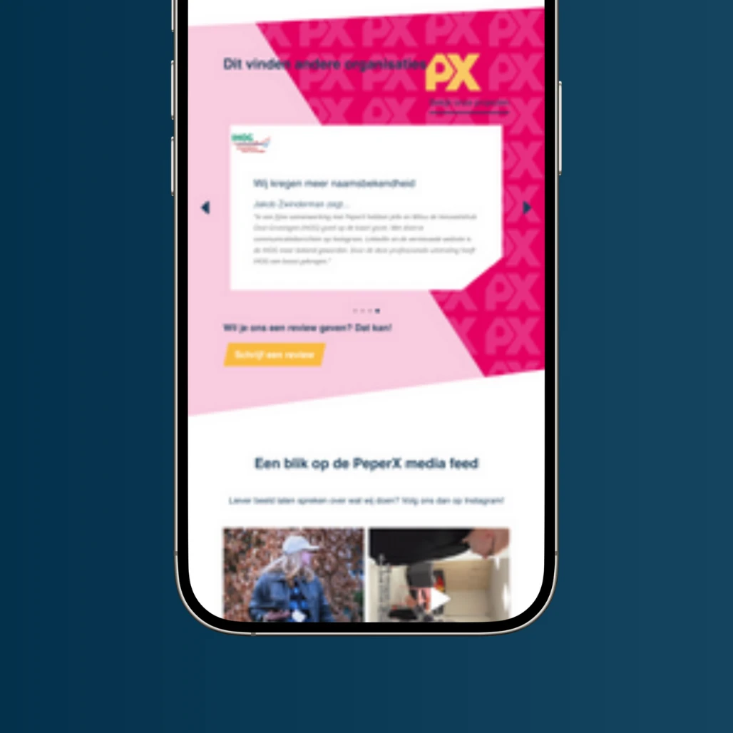 Tweede mobiele weergave van de website van PeperX
