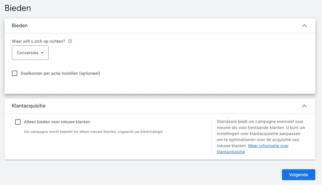Biedstrategie Conversies kiezen in Google Ads, met doelkosten per actie optioneel