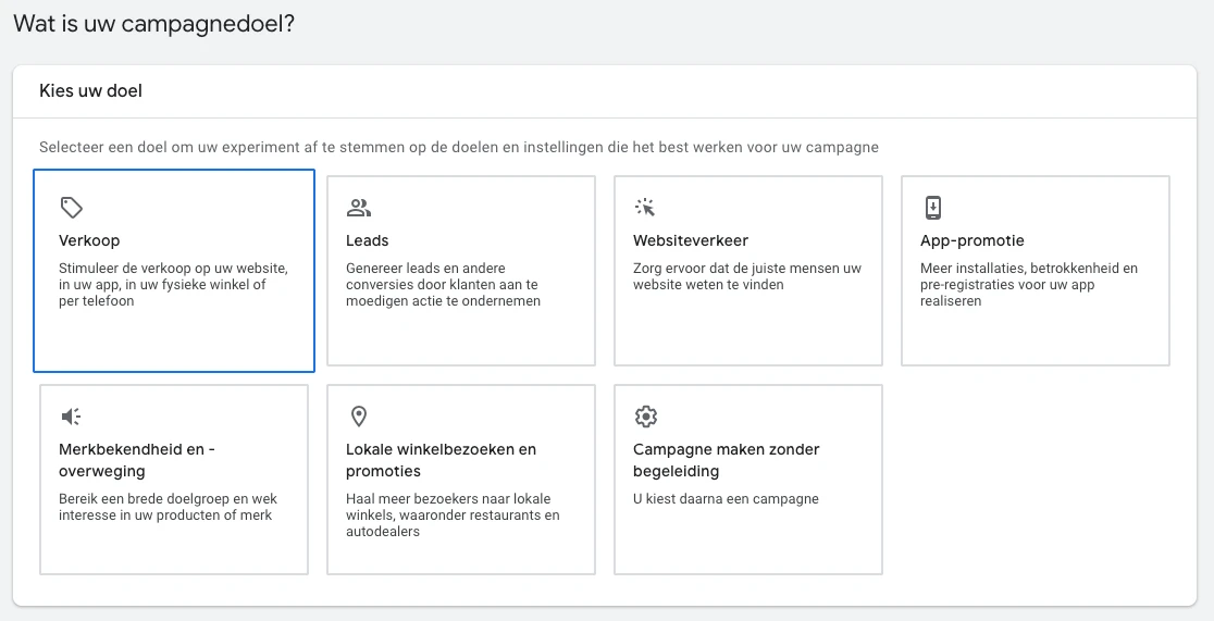 Google Ads campagne opzetten: kies een campagnedoel of campagne maken zonder begeleiding