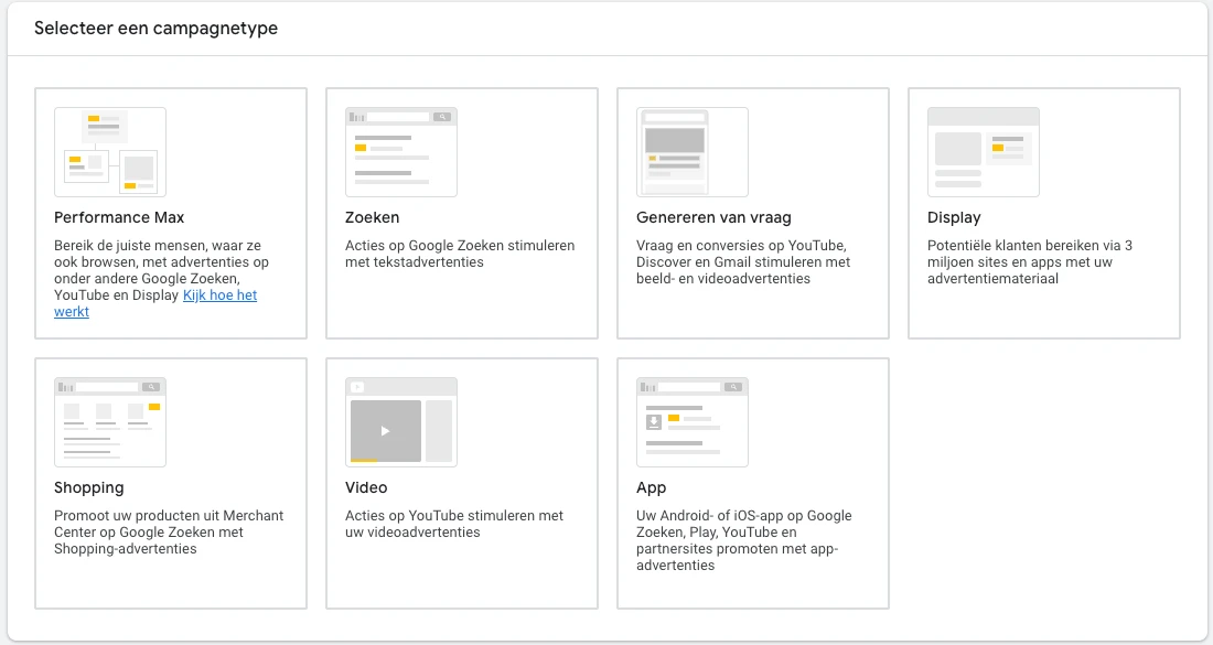 De soorten campagnes in Google Ads, met Zoeken voor tekstadvertenties