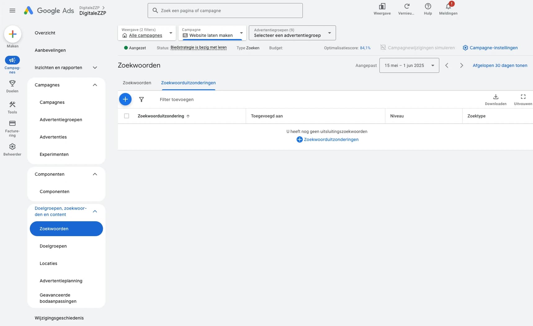 Uitsluitingszoekwoorden toevoegen na het opzetten van een Google Ads campagne