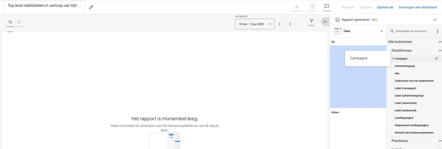 De rapporteditor in Google Ads met het detailniveau Campagne